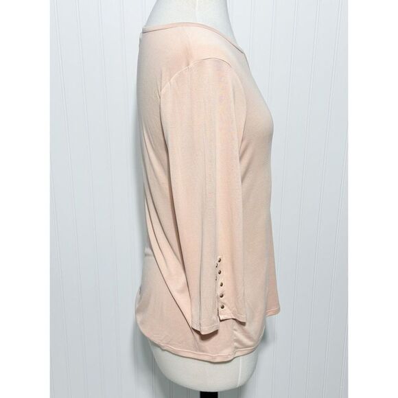 Chico's Cut Out Gold Bar 3/4 Sleeve‎ Stretch Pullover Top Tea Pink Size 1 Medium - Picture 4 of 12